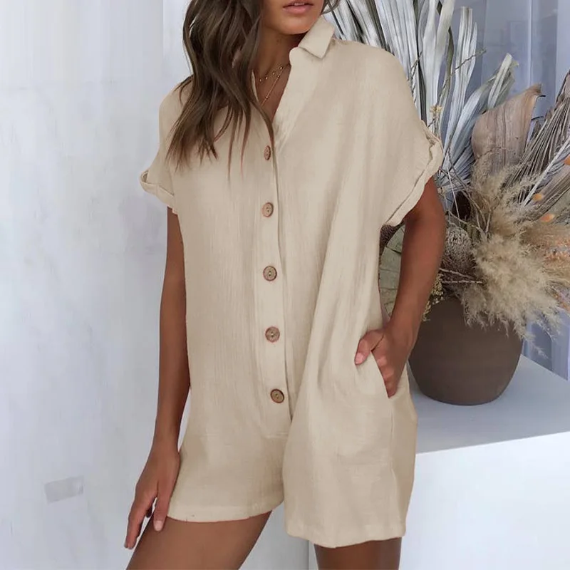 HTOOHTOOH Women Solid Baggy Buttoned Linen Formal Short Sleeve Jumpsuits Rompers 